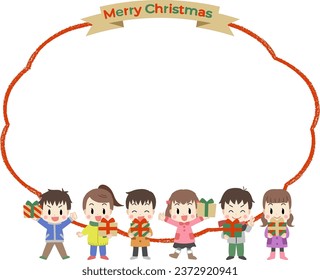 Speech bubble illustration of children holding presents