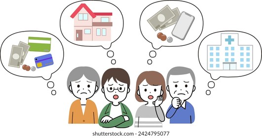 Speech bubble illustration of couples, men and women, and seniors thinking about life plans and retirement assets