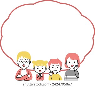 Speech bubble illustration of a family of four with worried faces