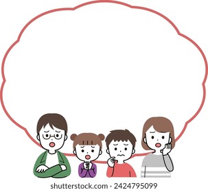 Speech bubble illustration of a family of four with worried faces