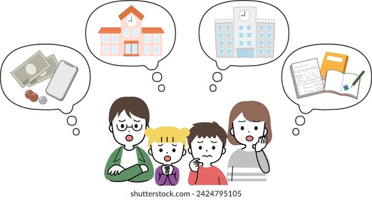 Speech bubble illustration of a family of four thinking about life plans