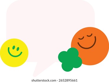 Ilustração em balão de fala com faces sorridentes e formas abstratas. Ótimo para comunicação, saúde mental ou temas de expressão emocional.