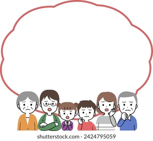Speech bubble illustration of a three-generation family with worried faces