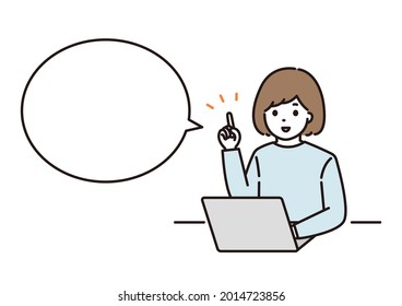 A speech bubble illustration of a woman explaining the points in front of a computer