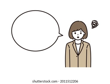 A speech bubble illustration of a woman in a suit, a business woman in trouble