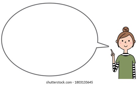 Speech bubble illustration of a young woman pointing finger.