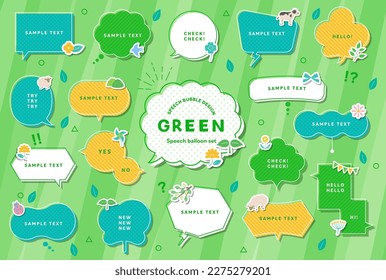 Speech bubble illustrations of green colors. This collection includes  icon, leaves, nature, speech bubble, animals, plants and more.