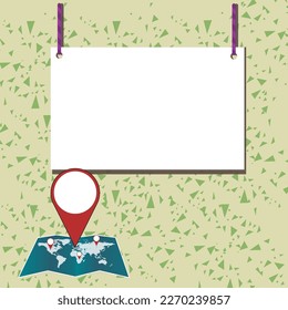 Speech Bubble With Important Message Above Map With Destination Point. Critical Informations Presented In Dialogue Balloon Over Plan. Critical Updates Displayed.
