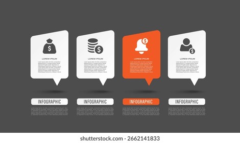 Modelo infográfico de balão de fala. Quatro etapas: visualização de dados empresariais.