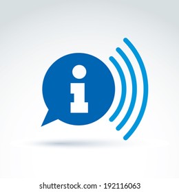 Speech bubble with information sign, blue vector podcast icon. Conceptual signal symbol. Information service sign.