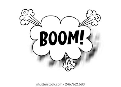 Speech bubble with the inscription boom, comic book style cloud, explosion. Hand drawn sketch element with halftone shadow.