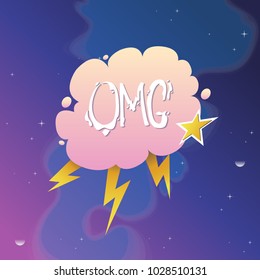 Speech bubble with inscription "OMG". Vector illustration on blue-violet cosmic background.