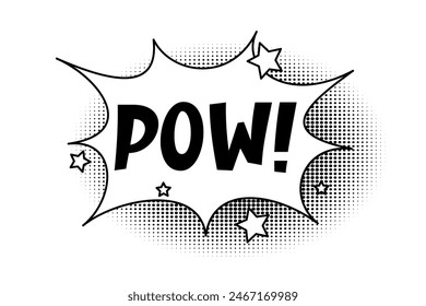 Speech bubble with the inscription pow, comic style cloud, stars. Hand drawn sketch element with halftone shadow.