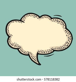 Speech bubble. Isolated on turquoise background. Vintage black and beige vector engraving illustration for poster, info graphic, banner.