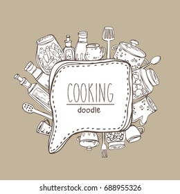 Speech bubble with kitchen tools for cooking. Vector hand drawn doodle illustration.