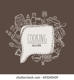 Speech bubble with kitchen tools for cooking. Vector hand drawn doodle illustration.
