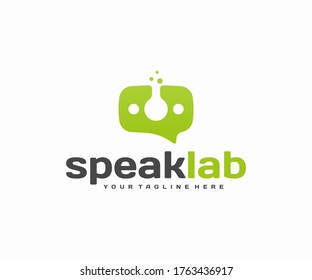 Speech bubble with laboratory flask logo design. Social digital marketing vector design. Advertising logotype