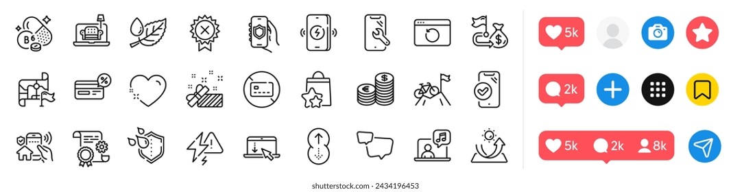 Speech bubble, Leaf dew and Lightning bolt line icons pack. Social media icons. Heart, Furniture, Swipe up web icon. Cashback, Reject medal, Financial goal pictogram. Vector