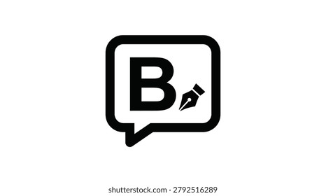 Speech bubble with letter b and quill pen flat icon on white