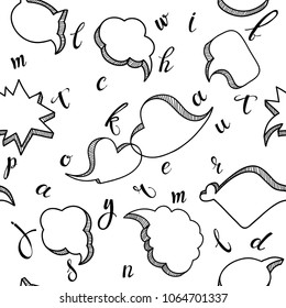 Speech bubble and letters on a white background. Seamless vector pattern.