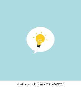 Speech bubble with light bulb. Trendy flat vector on light blue background. Vector Illustration