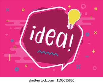 Speech bubble with light bulb and word IDEA on pink color background. Vector Illustration.