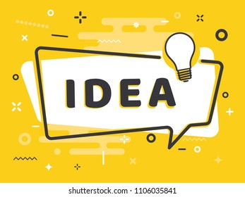 Speech bubble with light bulb and word IDEA on yellow color background. Vector Illustration.