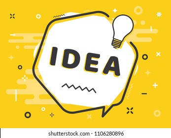 Speech bubble with light bulb and word IDEA on yellow color background. Vector Illustration.