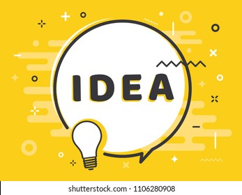 Speech bubble with light bulb and word IDEA on yellow color background. Vector Illustration.