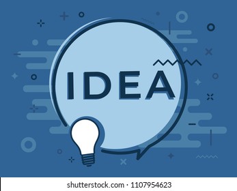 Speech bubble with light bulb and word IDEA on blue color background. Vector Illustration.