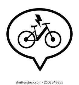 Speech bubble, lightning bolt and bicycle icon in grey scale isolated on white background.