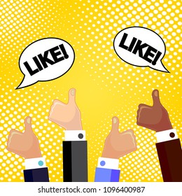 Speech bubble LIKE and thumbs up! Comic book explosion. Vector illustration.