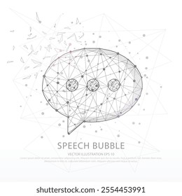 Speech bubble line and composition digitally drawn broken a part triangle shape and scattered dots low poly wire frame on white background.