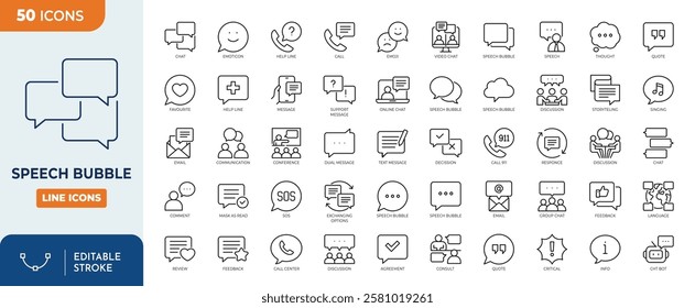 Speech bubble line editable icon set. containing Speech bubbles, talk, chat, message, balloon, communication, and more. Vector illustration