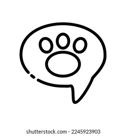 Speech bubble line icon. Paw, pets, communication, chat, exclamation point, callout, notification, reaction. communication concept. Vector black line icon on white background