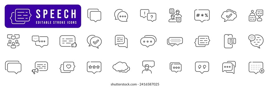 Juego de iconos de la línea de burbuja de voz. Hablar, personas, hombre, usuario, diálogo, chat, nube, etc. Accidente