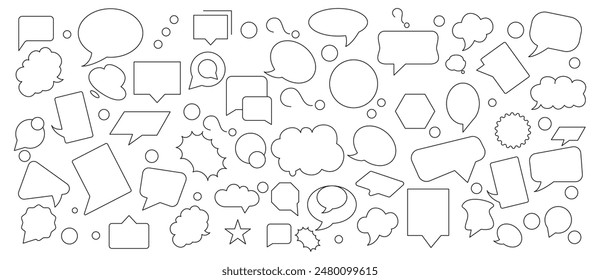 Symbol für Sprechblasen-Zeilen festgelegt. Sprechblasen-Symbol. Sprache, Blase, Talk, Chat, Nachricht, Ballon und Kommunikationssymbol. Kollektion des Umrisssymbols für Wolkensprachblasen. UI Thin Outline Icons Pack.