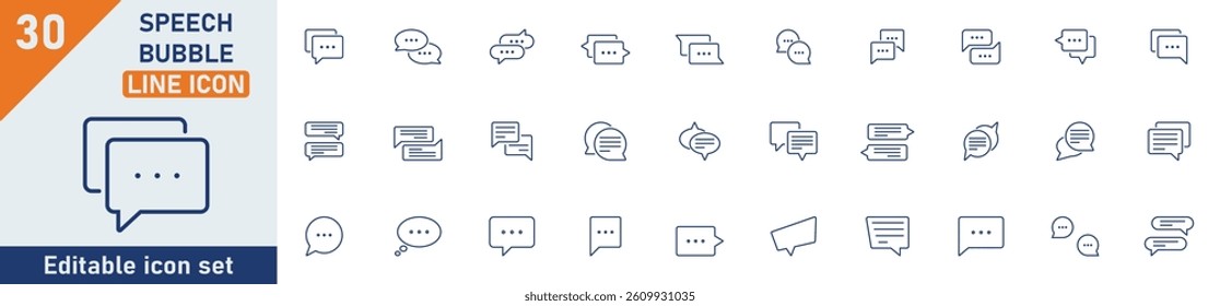 Speech bubble line icon set. Set of 30 outline icons related to chat, dialogue, communication, talk, bubble, message, feedback, balloon, speech and others. Editable stroke. Vector illustration.