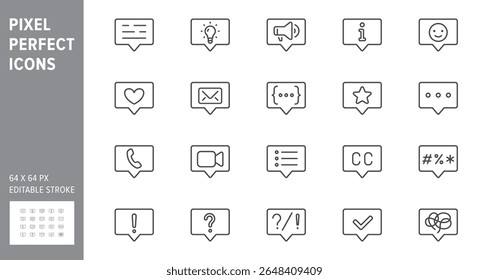 Ícone da linha de balão de fala definido. A ilustração vetorial inclui ícone - diálogo, marketing, megafone, anúncio, alto-falante, comunicar pictograma de esboço para notificações. Perfeito 64x64 pixels, traçado editável.