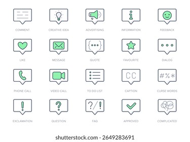 Ícone da linha de balão de fala definido. A ilustração vetorial inclui ícone - diálogo, marketing, megafone, anúncio, alto-falante, comunicar pictograma de esboço para notificações. Cor Verde, Traço Editável.