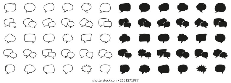 Linha de Balão de Fala e Conjunto de Ícones Sólidos. Coleção de Bate-papo, Diálogo e Bolhas de Mensagens para Comunicação, Discussão e Conversa. Traço editável. Ilustração de vetor isolada