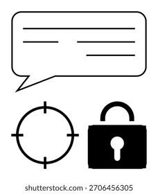 Burbuja de voz con líneas, símbolo de destino e icono de bloqueo en un diseño simple en blanco y negro. Ideal para temas de comunicación, enfoque, seguridad, mensajería, objetivos de protección y privacidad. Metáfora de línea
