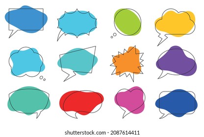 Speech bubble liquid shape color line flat set. Sticker cartoon doodle comic dialog balloon post user process speak idea. Label shape web banner meditation icon comment discussion isolated on white