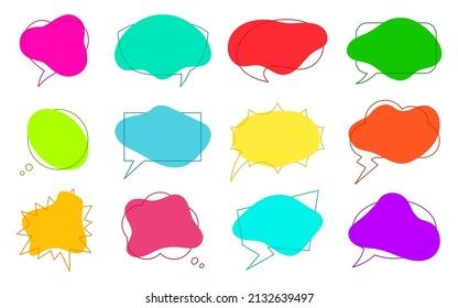 Línea plana de color de forma líquida de burbuja de voz. Sticker caricatura doodle diálogo de historietas globo post proceso de usuario hablar de idea. Etiqueta forma web banner meditación de iconos discusión de comentario aislado en blanco
