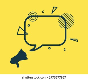 Speech bubble and loudspeaker in flat style. Black rectangular frame with abstract geometric shapes. Empty banner with outline elements on yellow background. Vector card illustration