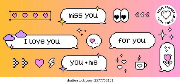 Speech bubble love messages in pixel art. I love you. Miss you. Love phrases. Pixel art stickers, emoji. 8-bit game arcade speech bubble. Y2k dialogue balloon vector icons set. Game abstract elements