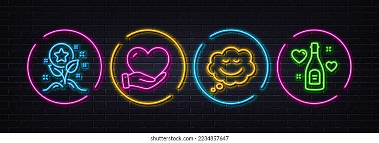 Burbuja de voz, puntos de lealtad e iconos de línea mínima de Voluntarios. Luces 3d láser neón. Me encantan los íconos del champán. Para web, aplicación, impresión. Chat cómico, bonus crece, cuidado social. Día de San Valentín. Vector