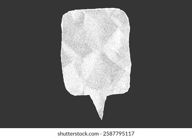 Speech bubble made from crumpled paper, isolated. Notebook sheet texture with rough torn edges, halftone shading and dotted gritty details.