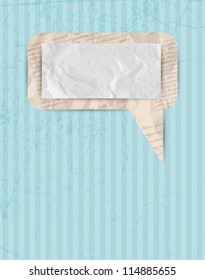 Speech bubble made of newspaper & blue retro wallpaper, vector illustration, eps10, 2 layers. BONUS!! Crumpled white paper and old newspaper are seamless patterns!