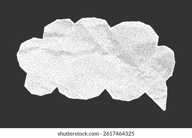 Speech bubble made of white crumpled paper on dark background. Jagged torn edges gritty dotted texture and halftone shading.